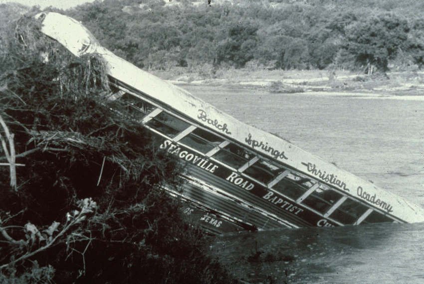 During a camp evacuation ahead of rising floodwaters, a Seagoville Road Baptist Church bus was swept into the Guadalupe River near the town of Comfort during the July 17, 1987 flood. 43 people — four adults and 39 teenagers — were washed into the river. 10 teenagers died.